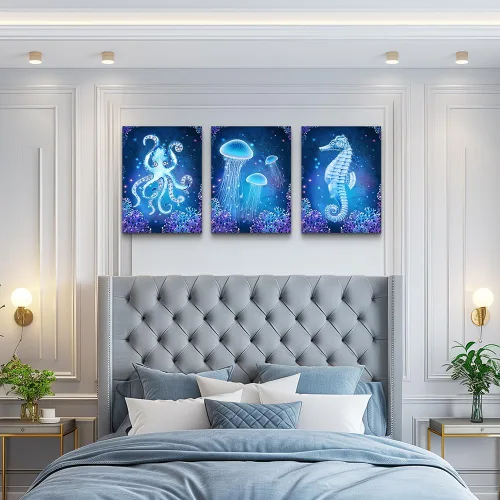 Miniatura 9 de Lienzo con temática de vida oceánica azul, pinturas artísticas de pared para sala de estar, obras de arte de pared, animales marinos, caballo