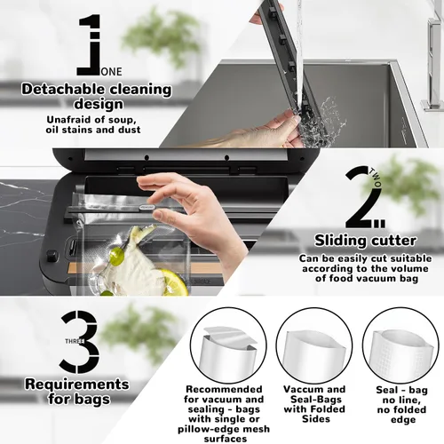 Miniatura 9 de Máquina selladora al vacío, potente sellador automático de alimentos de 95 Kpa, cortador integrado y almacenamiento de bolsas, pantalla de progreso