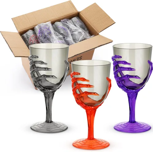Miniatura 9 de Dandat Juego de 24 copas de mano de esqueleto de Halloween de 12 onzas de plástico transparente para Halloween, juego de copas de vino para naranja