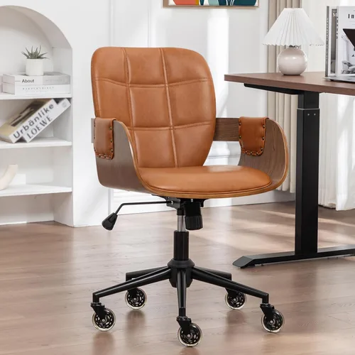 Silla de escritorio de oficina en casa con ruedas giratorias, artesanía de nogal, respaldo y brazos curvos ergonómicos, piel sintética, altura