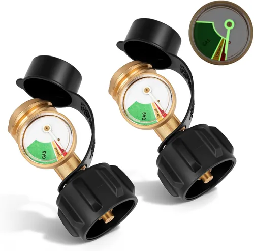 Siziviki Paquete de 2 medidores de tanque de propano con detector de fugas, indicador de nivel universal para tanques de 5 a 40 libras, conector