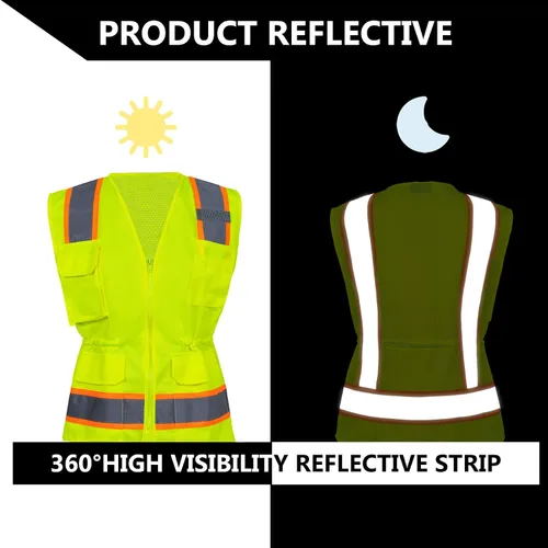 Miniatura 6 de FONIRRA Hi Vis - Chaleco de seguridad para mujer, reflectante, ANSI Clase 2, alta visibilidad, trabajo, construcción, manga corta Chaleco amarillo