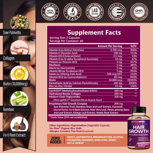 Miniatura 2 de Vitaminas para el crecimiento del cabello para mujeres Biotina 10,000mcg, colágeno, OptiMSM® patentado, goMCT®, Saw Palmetto Regresa
