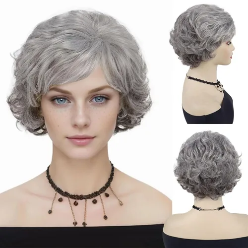 Miniatura 10 de GNIMEGIL Pelucas cortas rizadas grises para mujeres, pelo sintético suave, pelucas de reemplazo para abuela, pelucas completas para uso diario