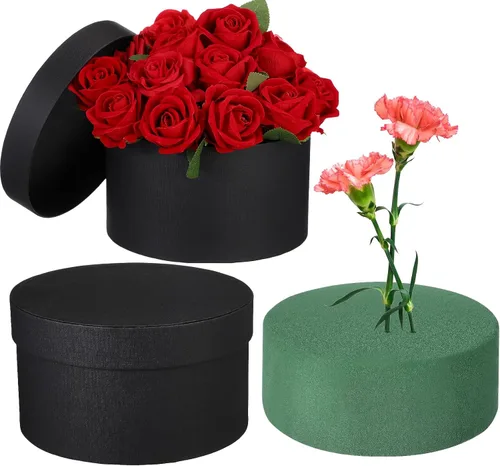 Nuenen Caja de regalo redonda con tapa y juego de espuma floral, negro, 2 piezas, cajas de regalo para flores para el día de la madre, dama de