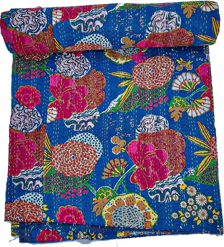 Miniatura 6 de Manta Kantha de retazos bohemios, manta de cama bohemia tamaño King, colcha Kantha con estampado de frutas, funda de cama Kantha hecha a mano Beige