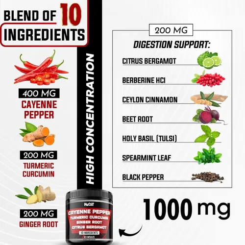 Miniatura 3 de Suplementos de pimienta de cayena Extracto 10:1 con raíz de curcumina de cúrcuma, raíz de jengibre, bergamota cítrica y más, salud digestiva
