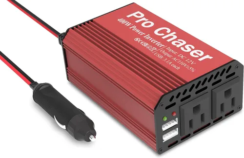 Pro Chaser - Inversor de corriente para auto de 400W – Convertidor DC 12V a AC 110V con salidas AC dobles y puertos USB de 6.2A, ideal para viajes
