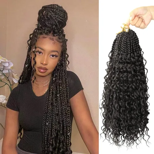 Miniatura 87 de Goddess Box Braids - Trenzas de cabello a ganchillo con extremos rizados, trenzas de caja bohemianas de 16 pulgadas, trenzas de ganchillo, 8 1B-4-30