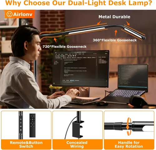 Miniatura 4 de Lámpara LED de escritorio para oficina en casa, luz para escritorio con cuello de ganso ajustable, lámpara de escritorio para monitor de doble Negro
