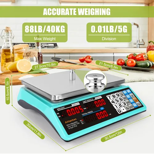 Miniatura 3 de Báscula comercial de alimentos de 88 libras / kilogramos/oz, escala de cálculo de precios con pantalla doble, recargable, placa reversible 88lb