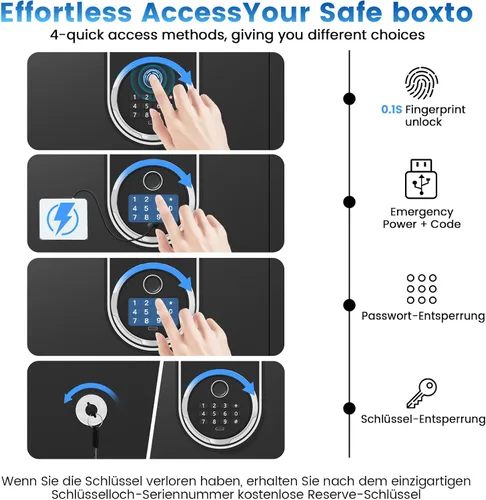 Miniatura 6 de Pequeña caja de seguridad biométrica inteligente para el hogar, mini caja fuerte para el hogar con alertas dobles antirrobo, modo silencioso