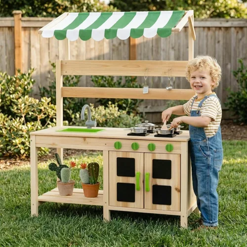 INFANS Cocina de barro, cocina de juego al aire libre con grifo de toldo, estufas, accesorios de cocina, fregadero extraíble, juego de cocina para