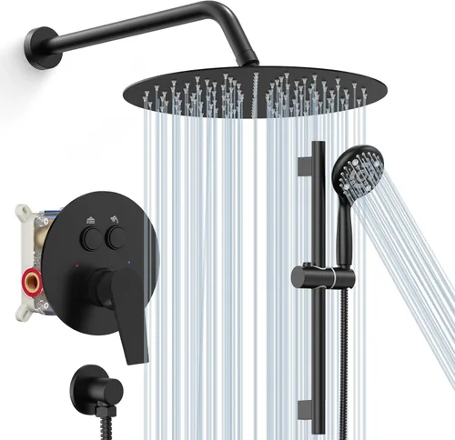 SR SUN RISE Juego de grifo de ducha negro mate - Cabezal de ducha de lluvia de 10 pulgadas con barra deslizante ajustable, juego de combinación -
