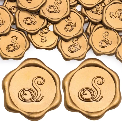 SWANGSA Paquete de 50 calcomanías de sello de cera con letra S, diseño de corazón dorado antiguo, calcomanías de cera con inicial, invitación de boda