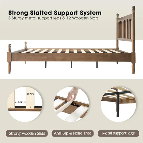 Miniatura 8 de Marco de cama de plataforma de madera maciza tamaño King con cabecero y pie de cama, base de 12 listones resistentes, patas de metal, no necesita