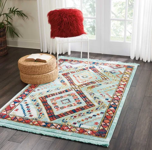 Nourison Tribal Decor Tribal Aqua - Alfombra de 3 pies 11 pulgadas x 6 pies 2 pulgadas, fácil de limpiar, no se desprende, para dormitorio, sala de
