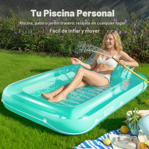 Miniatura 3 de SLOOSH Flotador inflable, camastro para adultos, con almohada, 178 x 117 cm, 4 en 1: balsa-tina bronceadora, camastro para tomar el sol, fiestas Cian