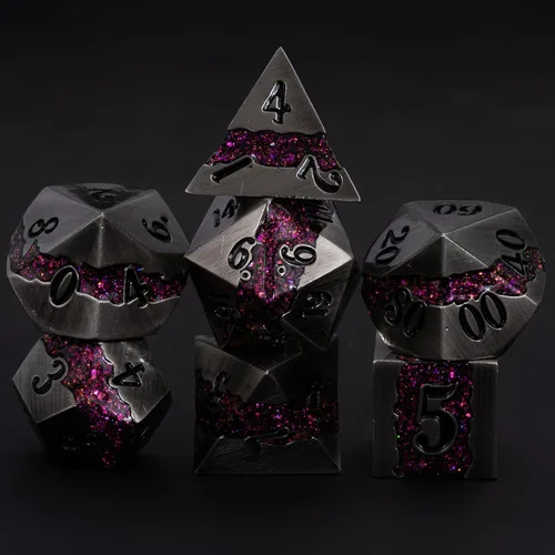 Miniatura 7 de Dados poliédricos DND de metal, juego de dados metálicos con purpurina a rayas grandes, juego de 7 dados plateados antiguos para juegos de rol