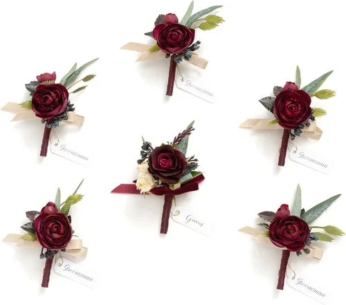 Miniatura 17 de Ling's Moment Boutonniere para Hombres Boda, Juego de 6, Novio y Padrinos Boutonniere para Boda Regreso a Casa Halloween Ceremonia Aniversario, Cena