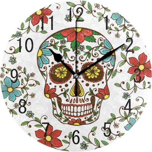 ALAZA Decoración para el hogar, diseño floral de calavera de azúcar, día de los muertos, redondo, acrílico, 9.5 pulgadas, reloj de pared silencioso