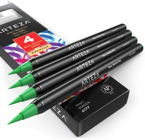 Miniatura 13 de Arteza Bolígrafos de pincel real, A174 gris delfín, paquete de 4, bolígrafos de acuarela con puntas de pincel de nailon, suministros de arte