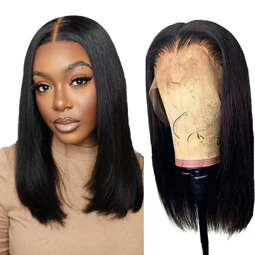 Miniatura 35 de Peluca de cabello humano lacio marrón con reflejos de 13 x 4, peluca frontal de encaje transparente #4, peluca corta Bob para mujeres negras