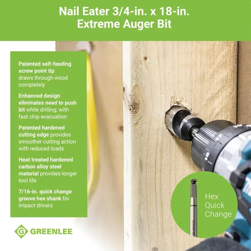 Miniatura 3 de Greenlee 66PT-3/4 - Broca para uñas con punta de tornillo de alimentación automática, broca de acero de 3/4 x 18 con vástago hexagonal de 7/16