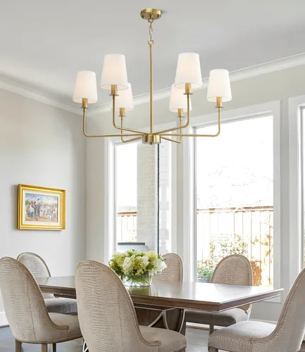 Miniatura 6 de Candelabro clásico de 6 luces con acabado dorado cepillado y pantallas de lino, base E12, lámpara rústica de techo para isla de cocina, comedor