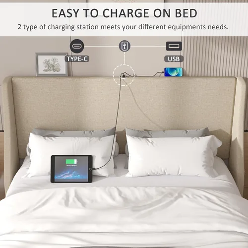 Miniatura 3 de VECELO Base de cama Queen con cabecera tapizada con respaldo alado, base de cama de plataforma resistente con estación de carga y bolsillos Beige