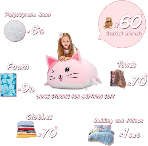 Miniatura 6 de Anzitinlan Lindo puf de gato para niños, puf de almacenamiento de animales de peluche rosa para decoración de habitación de niñas