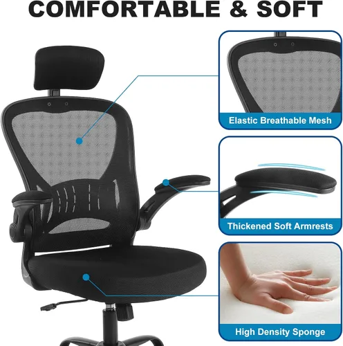 Miniatura 6 de Youhauchair Silla de oficina de malla, silla ergonómica para computadora con brazos abatibles y soporte lumbar, sillas de escritorio de oficina