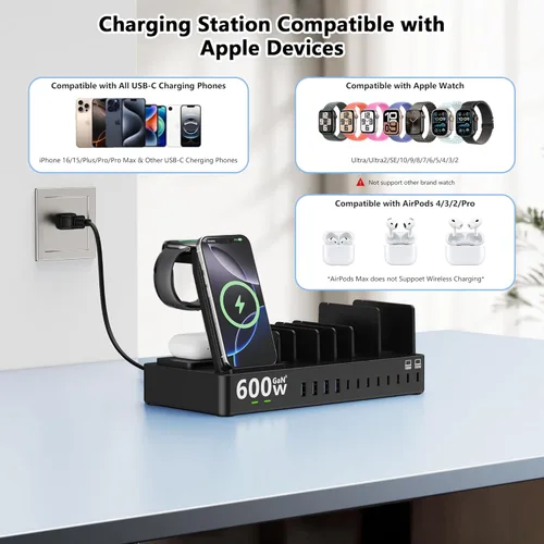 Miniatura 5 de Estación de carga de 600 W para múltiples dispositivos, estación de carga inalámbrica 15 en 1 para Apple, estación de carga dual USB C de 100 W