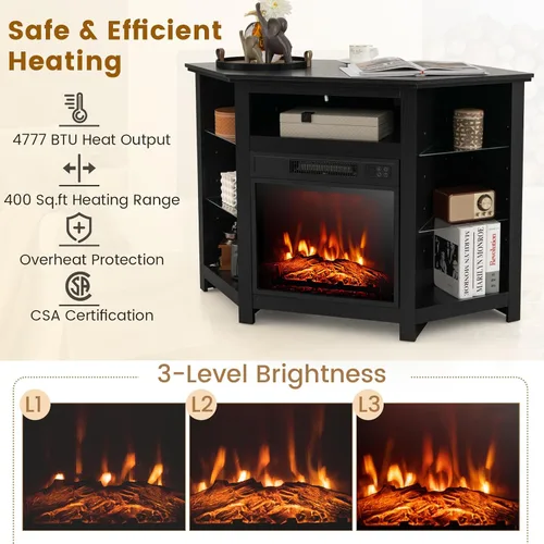 Miniatura 4 de COSTWAY Soporte de TV de esquina con chimenea eléctrica con luces LED de 16 colores, 3 brillos, control remoto y aplicación, moderno centro de Negro