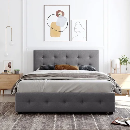 Miniatura 2 de XIONGGG Cama de plataforma tapizada, tamaño Queen, base de cama con 4 cajones y cabecero, soporte de listones de madera, no necesita somier