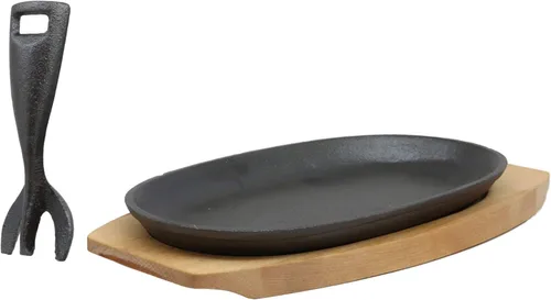 Ebros - Sartén de hierro fundido de tamaño personal de 9.5 pulgadas de largo x 5.5 pulgadas de ancho, plato de fajita japonés con mango y base de