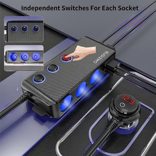 Miniatura 3 de EUGIZMO Divisor de enchufe para encendedor de cigarrillos, 200 W, 3 enchufes, adaptador de encendedor de cigarrillos USB, cable de extensión