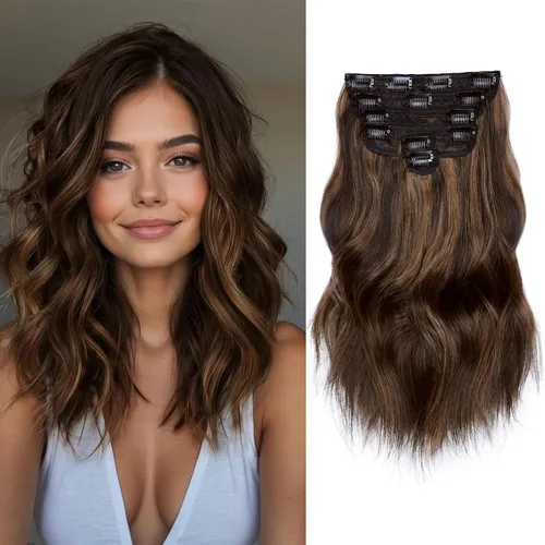 Miniatura 14 de NAYOO Extensiones de cabello con clip, de 20 pulgadas, largo, ondulado, rizado, rubio ceniza, extensiones de cabello sintético de cabeza completa