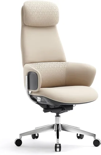 Miniatura 3 de Silla de oficina ejecutiva de cuero genuino con respaldo alto de aluminio con base giratoria ergonómica sincronizada, mecanismo reclinable de cuero
