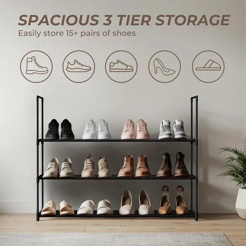 Miniatura 7 de Zapatero negro de 3 niveles, estante grande de 36 pulgadas con capacidad para 15 pares de zapatos, zapatero resistente para entrada, dormitorio