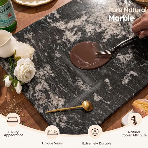 Miniatura 2 de Diflart Tabla de cortar de piedra de mármol natural para cocina, 16x16 pulgadas, negra, tabla de mármol grande para repostería con pies