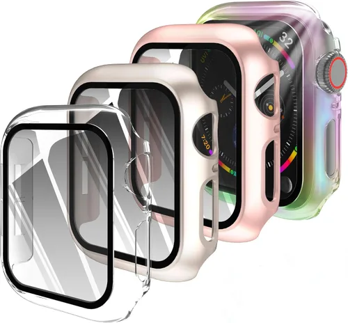 4 fundas rígidas de policarbonato compatibles con Apple Watch Series 6/5/4/SE de 1.575 pulgadas con protector de pantalla de vidrio, protector