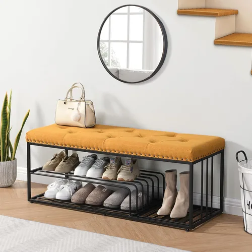Miniatura 9 de Banco de lino con almacenamiento de zapatos de entrada con asiento acolchado copetudo, banco otomano con marco mental dorado para dormitorio, Beige