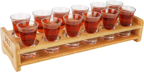 Miniatura 6 de D&Z Soporte de vidrio de chupito de madera de bambú con 12 vasos de chupito transparentes de 1 oz de cristal Soporte para 12 disparos (ZM-2x6)