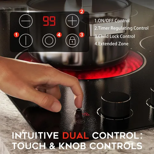 Miniatura 3 de Placa de cocina eléctrica de 30 pulgadas, estufa eléctrica de 4 quemadores, 6700 W, quemador de doble anillo y quemador ovalado, 9 niveles