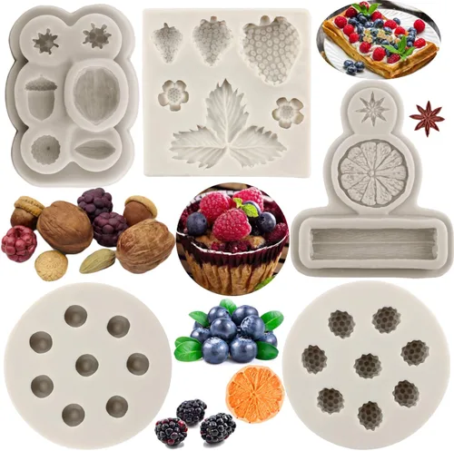 Sijiangmold Moldes de silicona para fondant de arándanos, frambuesas, fresas, nueces, bayas, especias, anís estrellado, canela, limón, para