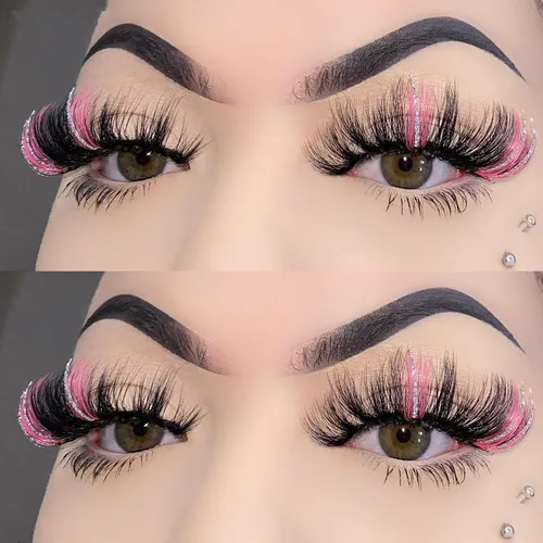 Miniatura 3 de Pestañas postizas negras con reflejos rosados y purpurina plateada, 1 par de pestañas de tira voluminosas brillantes con color, visón sintético