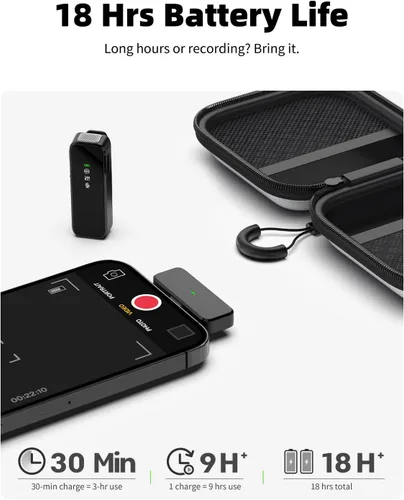 Miniatura 3 de Rythflo Micrófono Lavalier inalámbrico para iPhone Android PC con cancelación de ruido, transmisión de 100 pies, duración de la batería de 18 horas
