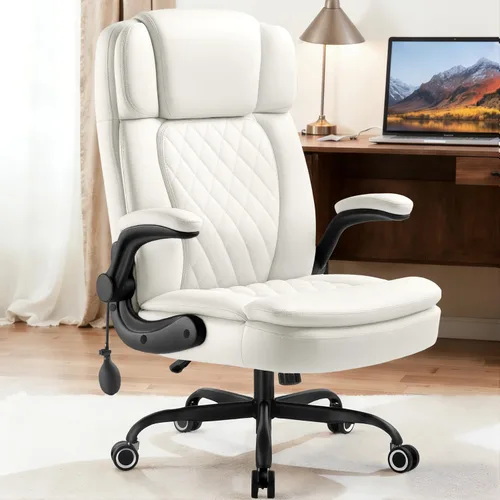 Miniatura 8 de Silla de oficina ejecutiva grande y alta de 450 libras con brazo abatible, silla de escritorio de cuero resistente, cómoda silla giratoria de Blanco