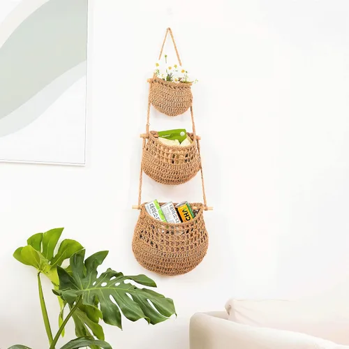 Miniatura 7 de Cesta colgante de frutas, cesta colgante de pared de yute tejida de 3 niveles para organizar, cesta colgante de productos para almacenamiento
